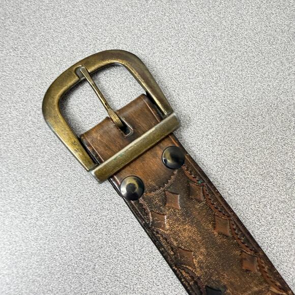 Distressed Brown Leather Belt Mens Diamond Embossed Brass Fits 35-42 1.75in - Picture 8 of 8